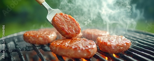 Obraz na płótnie Delicious Grilled Sausages Spatula Flipping Meat on a Hot BBQ Grill, Smoke Rising, Creating a Perfect Summer Meal w salonie