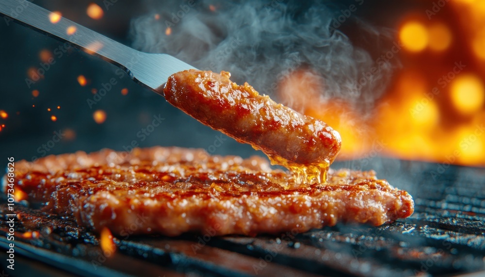Delicious Sausage Grilling on BBQ Close-Up of Spatula Flipping Sausage on Grill with Smoke Rising, Perfect Summer Recipe