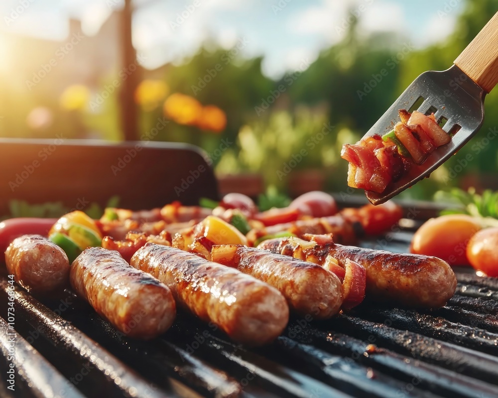 Delicious Sausages Sizzling on the BBQ Grill, Flipped with a Spatula in a Sunny Backyard Scene, Perfect for Summer Grilling