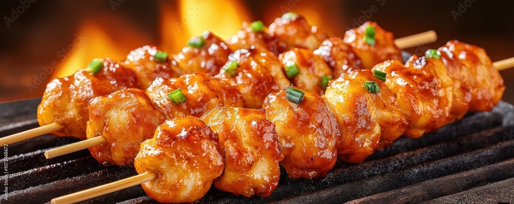 Delicious Smoky Chicken Skewers Grilled to Perfection Over Hot Coals, A BBQ Masterpiece with Crispy Texture