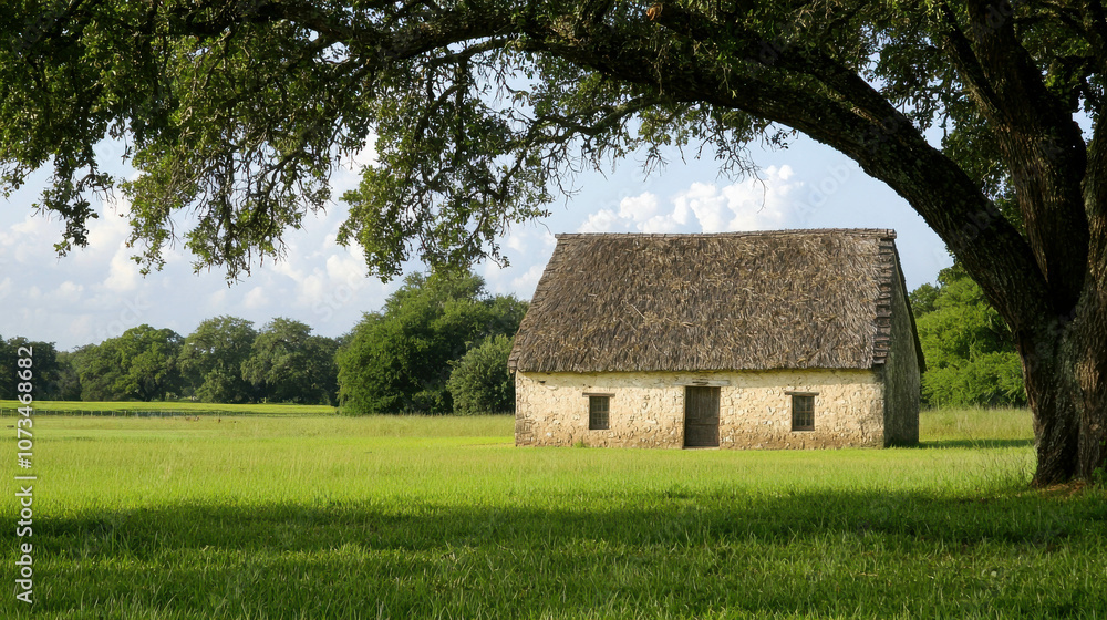 Serene countryside landscape featuring a rustic stone house with a thatched roof and lush green grass under a large shade tree against a clear blue sky Serene countryside landscape featuring a rustic stone house with a thatched roof and lush green grass under a large shade tree against a clear blue sky