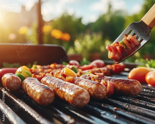 Obraz na płótnie Delicious Sausages Sizzling on the BBQ Grill, Flipped with a Spatula in a Sunny Backyard Scene, Perfect for Summer Grilling w salonie