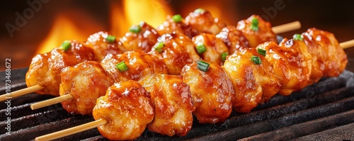 Obraz na płótnie Delicious Smoky Chicken Skewers Grilled to Perfection Over Hot Coals, A BBQ Masterpiece with Crispy Texture w salonie