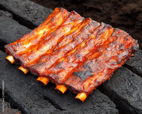 Obraz na płótnie Deliciously Charred BBQ Ribs with Smoky, Crispy Texture, Perfect for a Summer BBQ or Grilling Enthusiasts These Ribs Offer a Unique Blend of Sweet and Smoky Flavors, with a Crispy Exterior and w salonie
