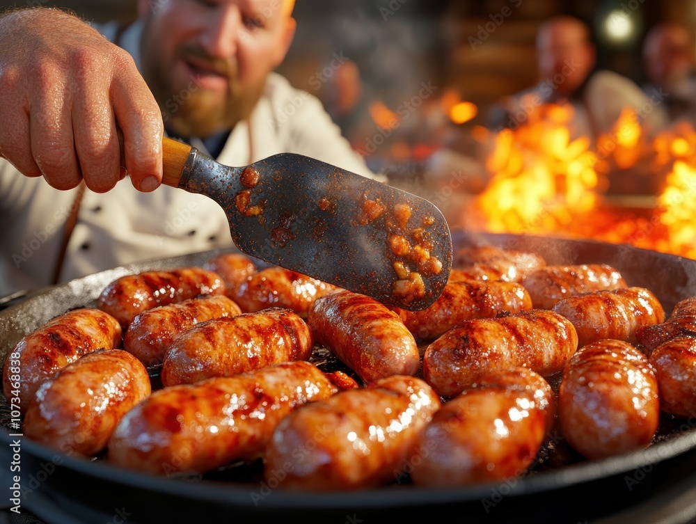 Expert Chef Grilling Delicious Sausages with a Large Spatula Over a Sizzling Fire, Perfect for Your Next Barbecue or Outdoor Gathering