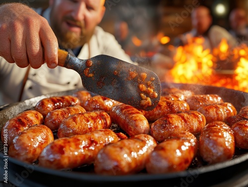 Obraz na płótnie Expert Chef Grilling Delicious Sausages with a Large Spatula Over a Sizzling Fire, Perfect for Your Next Barbecue or Outdoor Gathering w salonie