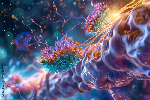 Receptor Binding: A detailed shot of neurotransmitters binding to receptors on the postsynaptic membrane, triggering a response in the receiving neuron. photo