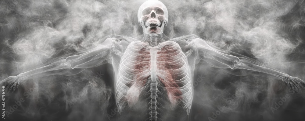 Full Body Anatomy X-Ray Hologram A 3D Visualization of Human Skeleton, Muscles, and Organs in Smoke