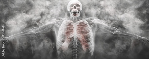 Obraz na płótnie Full Body Anatomy X-Ray Hologram A 3D Visualization of Human Skeleton, Muscles, and Organs in Smoke w salonie