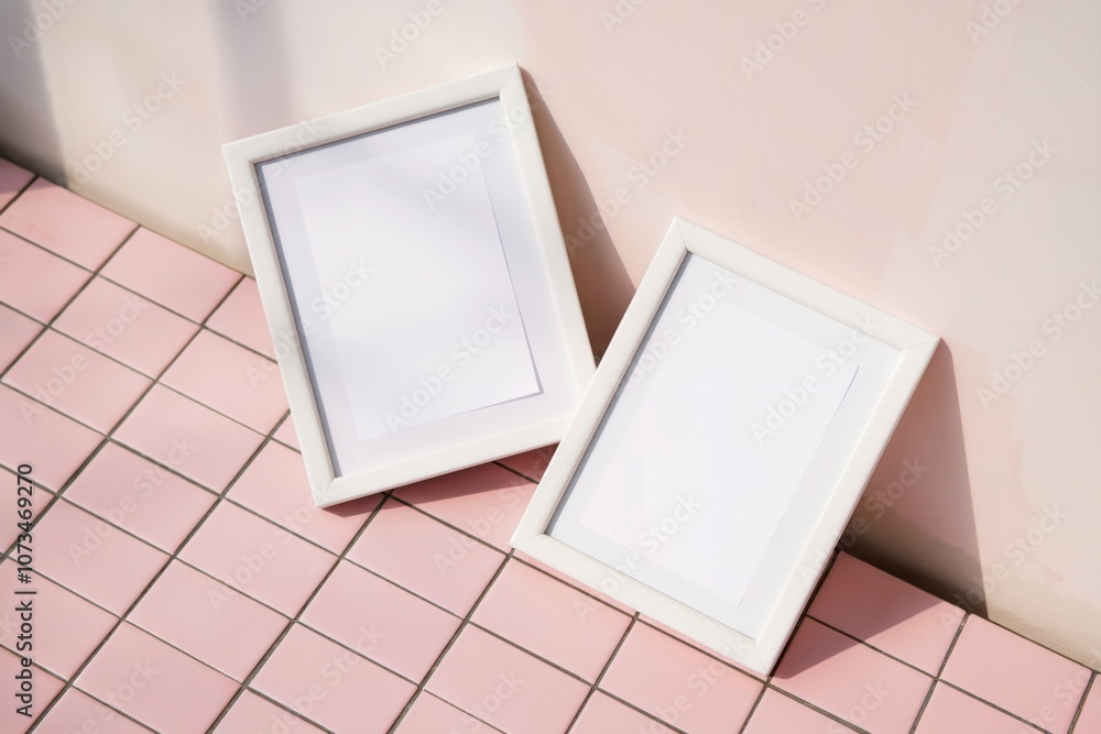 Fototapeta premium White picture frames with blank paper resting on pink tile with pastel background