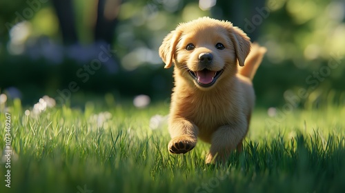 A Happy Puppy Runs Through the Spring Grass