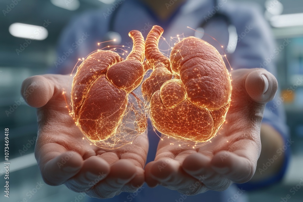 Futuristic Medical Hologram Detailed View of Human Lungs, Advanced Digital Science Technology for Healthcare Visualization and Diagnosis