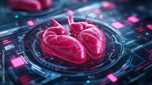 Futuristic Medical Hologram of Human Heart, 3D Visualization of Internal Organs, Digital Anatomy Model, Realistic Human Body Display, Advanced Medical Technology, Innovative Medical Imaging