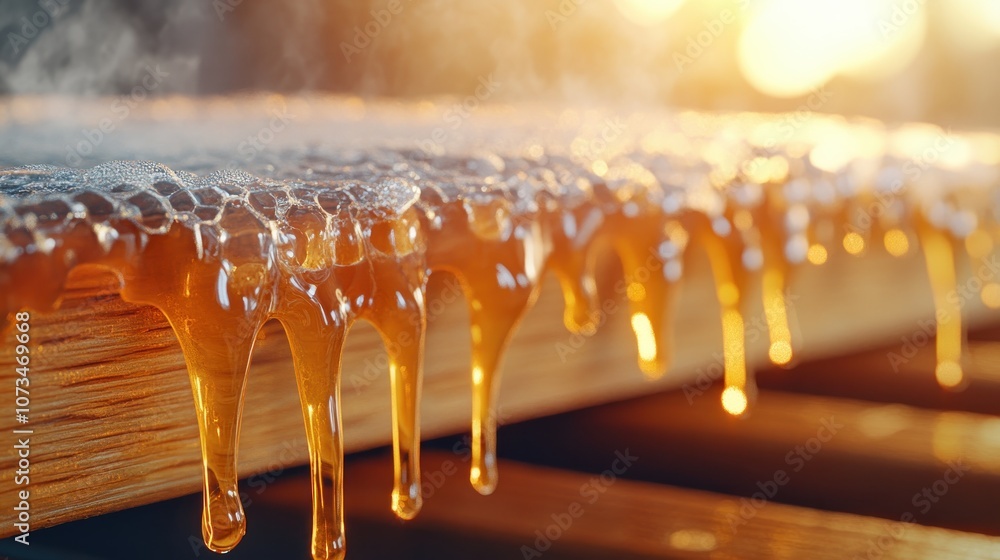 Golden Honey Dripping from Comb in Warm Sunlight, Pure, Raw, Natural Honeycomb, Artisan Beekeeping, Honey Harvest, Delicious and Sweet, Golden Nectar, Honeycomb Texture, Beehive, Honey Production