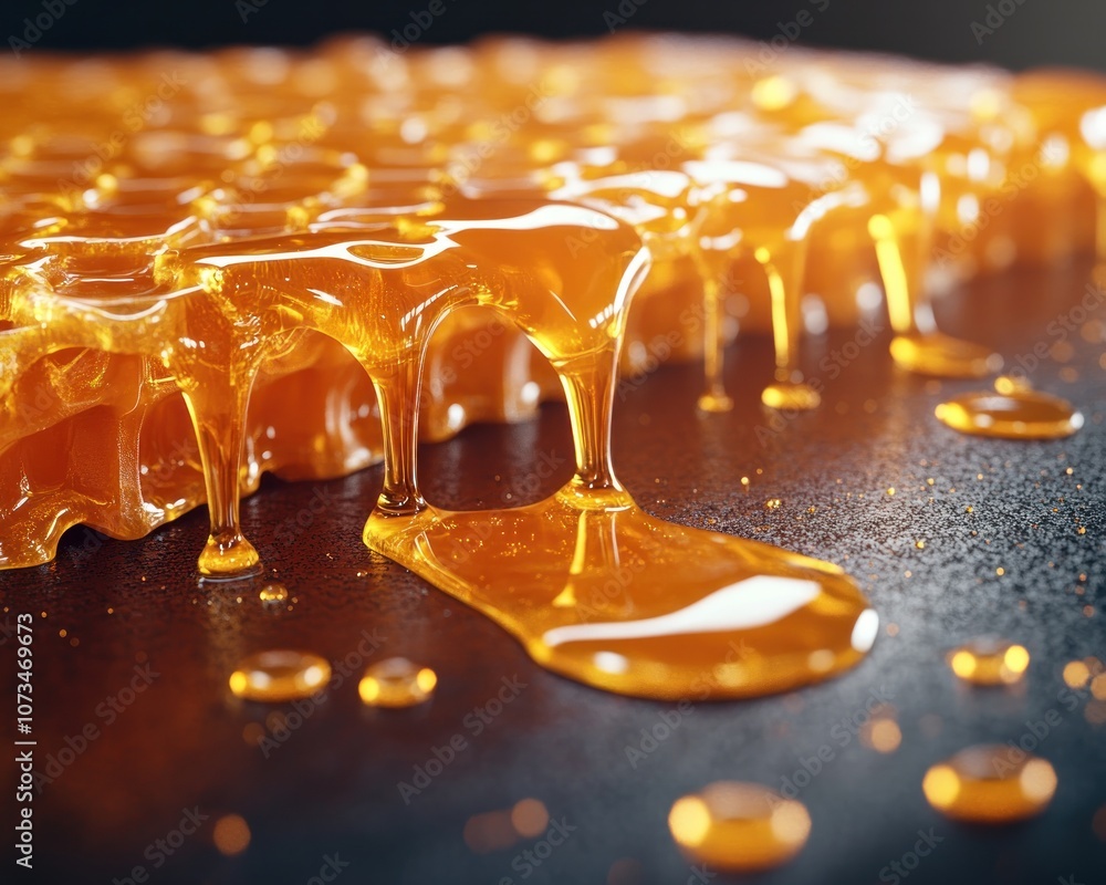Golden Honey Dripping from Honeycomb, Pure, Natural, Wild Harvest, Beekeeping Nectar, Fresh and Delicious