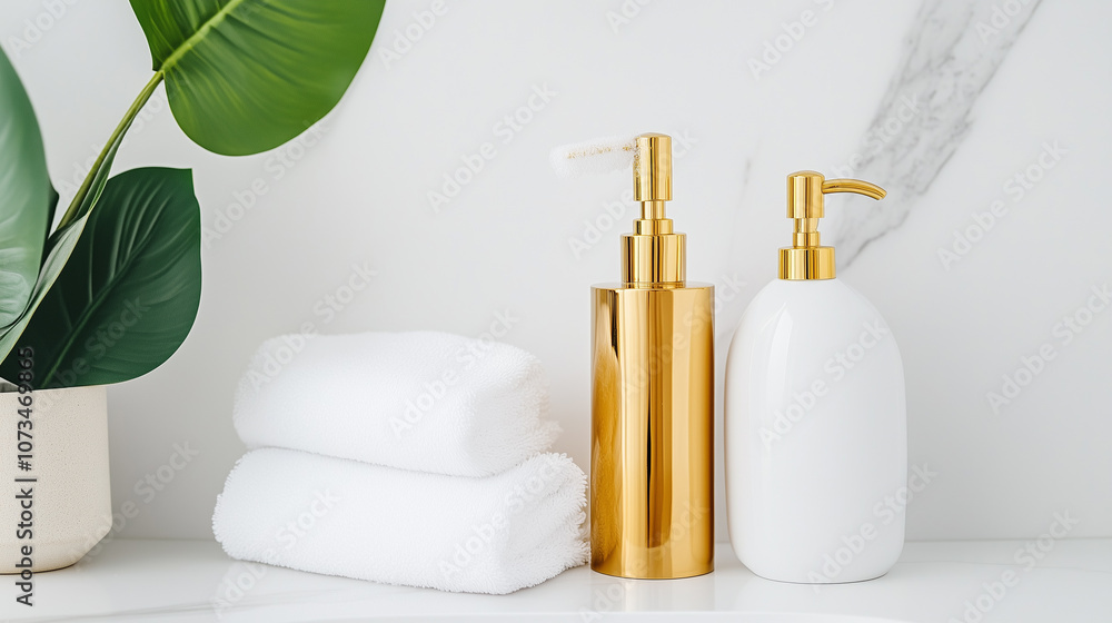 A white bottle of lotion sits next to a white towel and a green plant A white bottle of lotion sits next to a white towel and a green plant