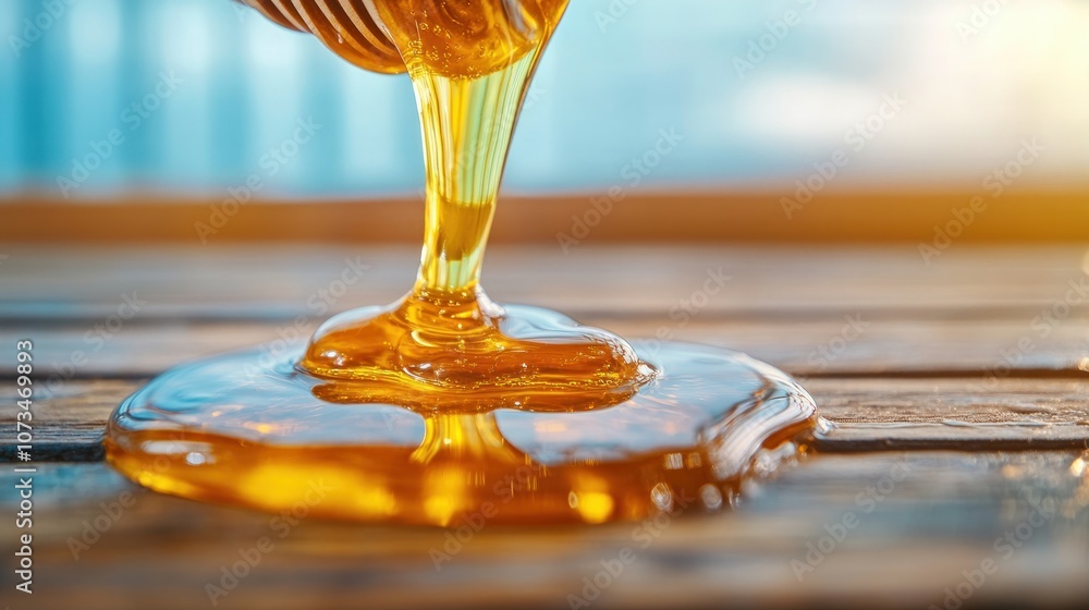 Golden Honey Pouring From Dipper, Thick and Raw Texture, Beekeeping Harvest Nectar, Natural Fresh Sweetness, Delicious and Healthy