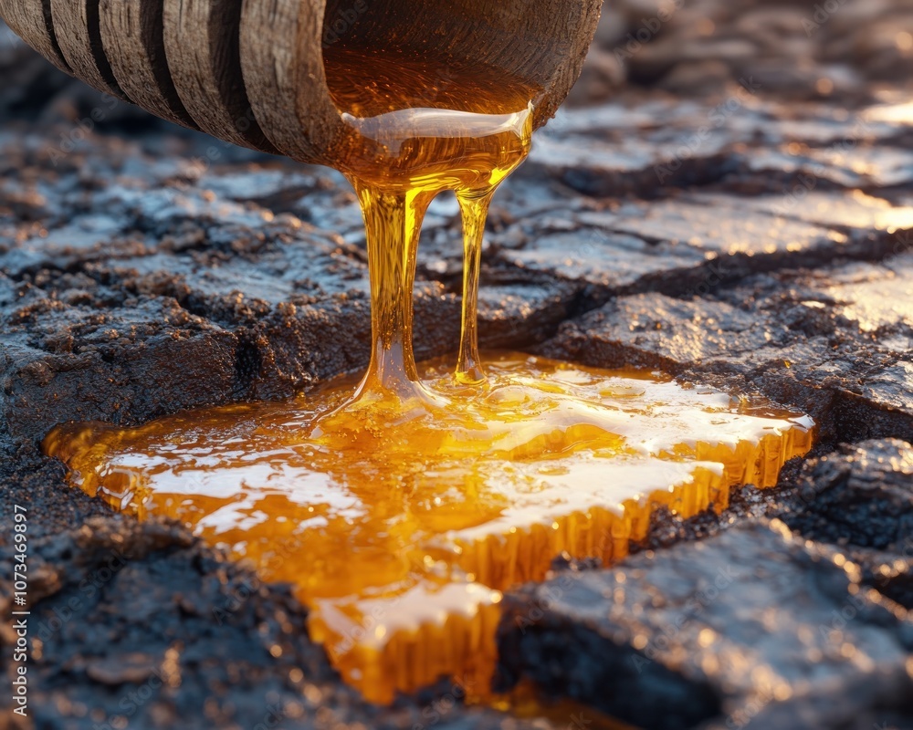 Golden Honey Pouring from Natural Honeycomb, Beekeeping Harvest, Fresh Pure, Rustic Close-Up of Golden Nectar Dripping from a Wooden Honeycomb, Symbolizing Nature's Sweetness and the Hard Work of Bees