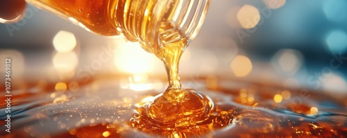 Golden Honey Pouring From Bottle, Sunlit, Beekeeping Harvest Raw Natural Fresh Texture, Close-Up Macro Photography Beekeeping, honey, raw honey, local honey, natural honey, fresh honey, golden honey