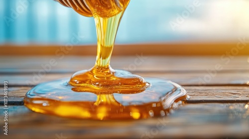 Obraz na płótnie Golden Honey Pouring From Dipper, Thick and Raw Texture, Beekeeping Harvest Nectar, Natural Fresh Sweetness, Delicious and Healthy w salonie