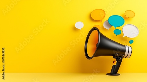 Sleek and modern megaphone design with glowing vibrant colored speech bubbles floating on a solid yellow background showcasing the powerful impact of effective communication and messaging