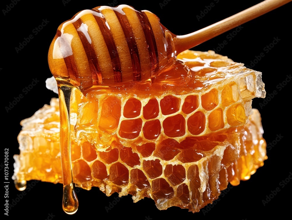Golden Honey Pouring Over Honeycomb, Raw, Unfiltered, Organic Honey Harvest, Smooth Texture, Delicious Sweet, Natural Honeycomb with Honey Drizzle