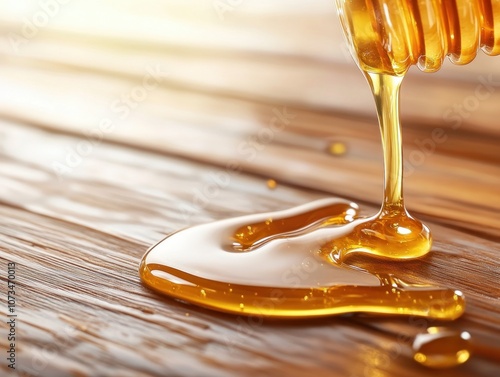 Obraz na płótnie Golden Honey Pouring Over Comb Smooth Texture, Raw and Natural, Pure Honey Harvest Close-Up, Dripping Honey on Wooden Surface w salonie