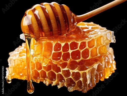 Obraz na płótnie Golden Honey Pouring Over Honeycomb, Raw, Unfiltered, Organic Honey Harvest, Smooth Texture, Delicious Sweet, Natural Honeycomb with Honey Drizzle w salonie
