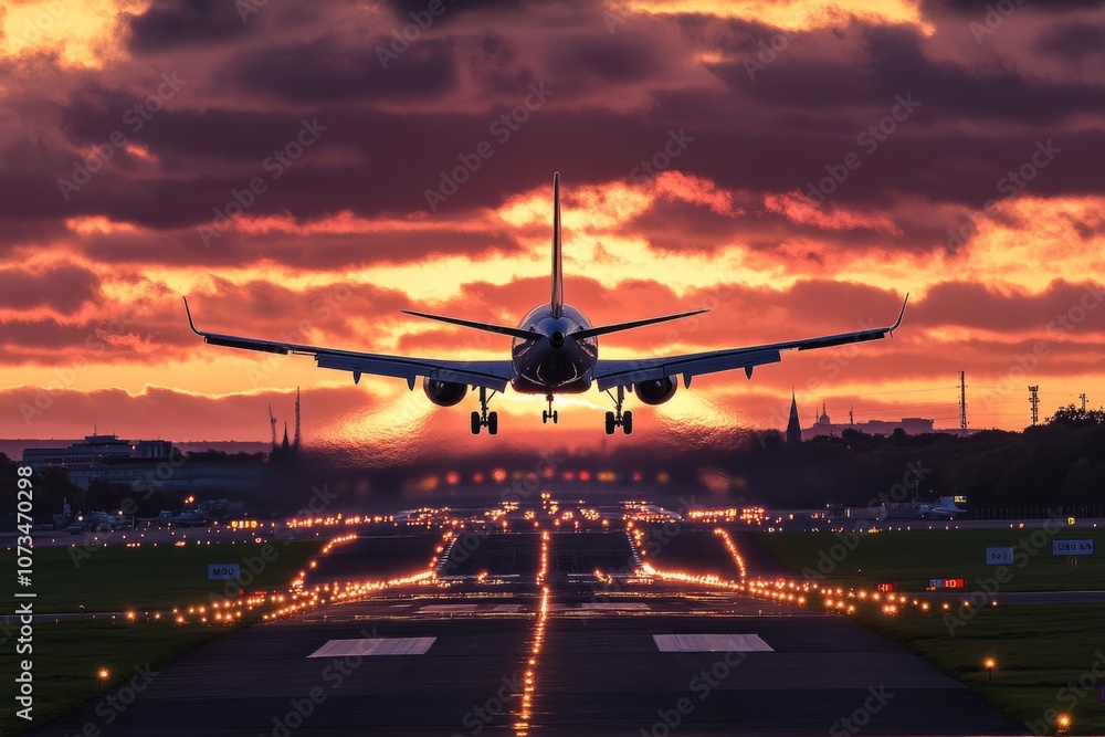 An airplane landing at sunset creates a stunning silhouette. The vibrant colors enhance the beauty of the scene. Perfect for travel themes and aviation projects. Generative AI An airplane landing at sunset creates a stunning silhouette. The vibrant colors enhance the beauty of the scene. Perfect for travel themes and aviation projects. Generative AI