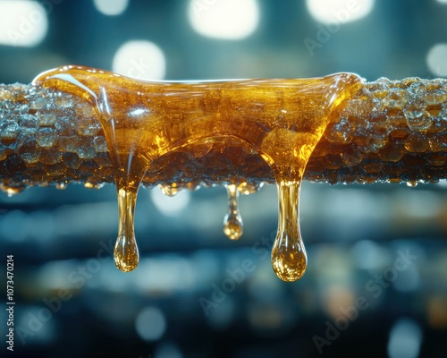 Golden Raw Honey Dripping from Honeycomb, A Natural Scene of Beekeeping Harvest Nectar, Wild Pure Fresh Honey, Sweetness from Nature