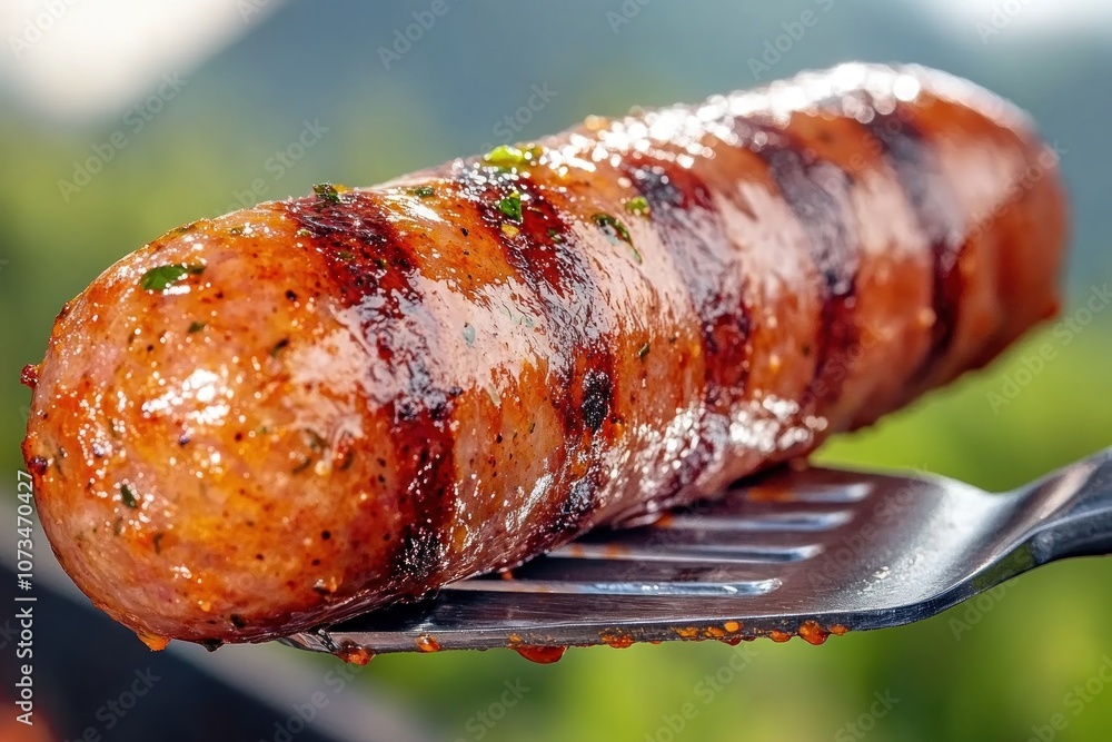 Grilled Sausage on Spatula Delicious BBQ Food Preparation, Close-up of Perfectly Cooked Sausage with Grill Marks and a Spatula, Ready to Eat Enjoy the Flavor of Summertime Grilling