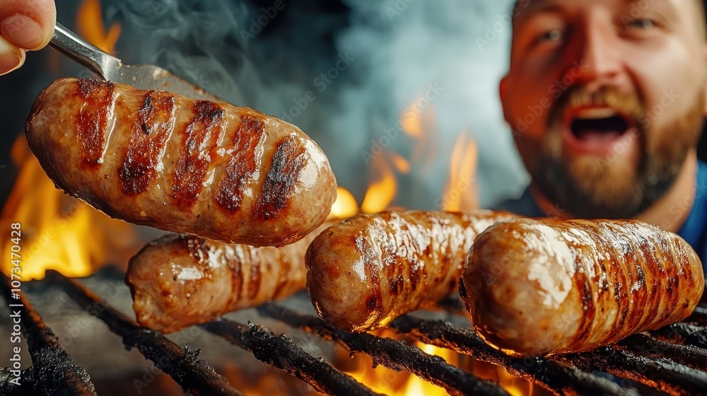 Grilled Sausage Recipe How to Cook Perfect Sausages on the BBQ, Chef Holding Spatula Over Sausage on Grill with Smoke Rising