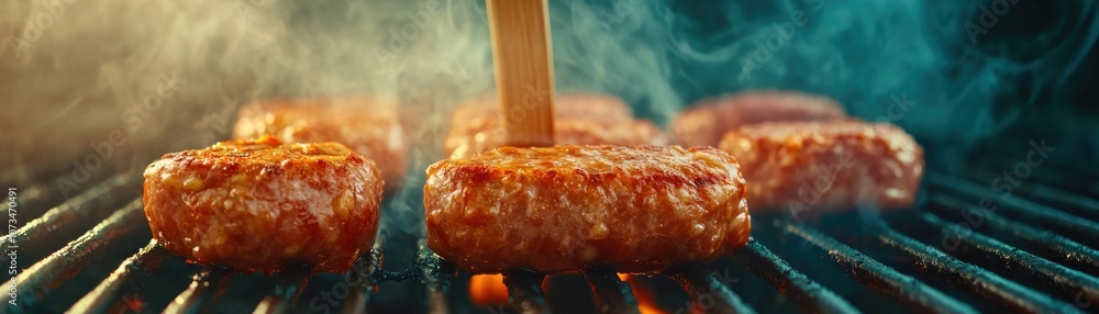 Grilled Sausage with Smoke Rising, Close Up of Spatula Flipping Juicy Sausage on a Backyard BBQ Grill