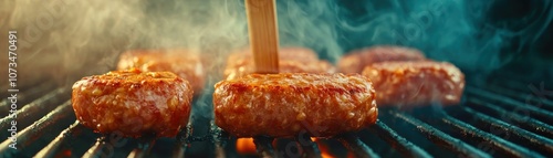 Obraz na płótnie Grilled Sausage with Smoke Rising, Close Up of Spatula Flipping Juicy Sausage on a Backyard BBQ Grill w salonie