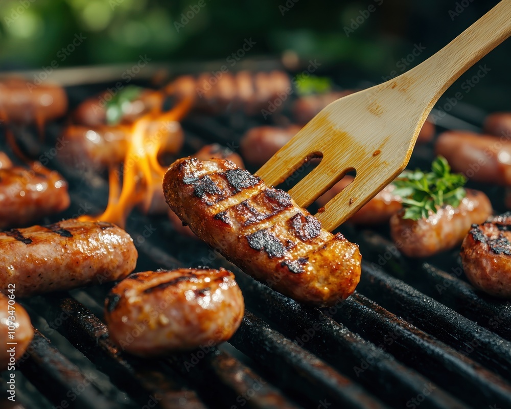Grilling Delicious Sausage on a Hot BBQ with a Wooden Spatula, Perfect Summer Meal, Outdoor Cooking, Backyard Grill, Sausage Cooking, BBQ Grill Recipes, Grilled Sausage, Sausage Spatula, Grilling