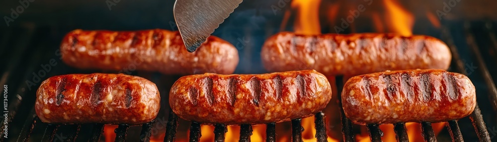 Grilled Sausages on BBQ Grill, Spatula Flipping, Smoky Flavor, Delicious Grilling Food, BBQ Recipe, Summer Food, Outdoor Cooking, Sausage Spatula Cooking, Sausage Grill, Grilling Sausages, Hot Dogs