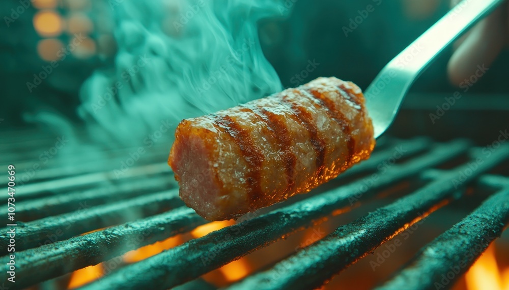 Grilling Sausage A Chef Flips a Juicy Sausage with a Spatula on a Hot BBQ Grill, Creating Delicious Smoke and Char Capture the Essence of Summer with This Grilling Action Shot