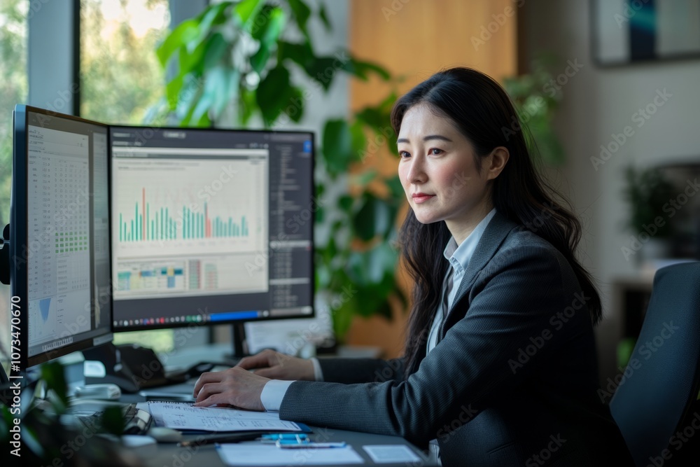 Professional woman analyzing data on multiple screens in a modern office. She is focused and engaged with her work. A blend of technology and nature surrounds her. Generative AI Professional woman analyzing data on multiple screens in a modern office. She is focused and engaged with her work. A blend of technology and nature surrounds her. Generative AI