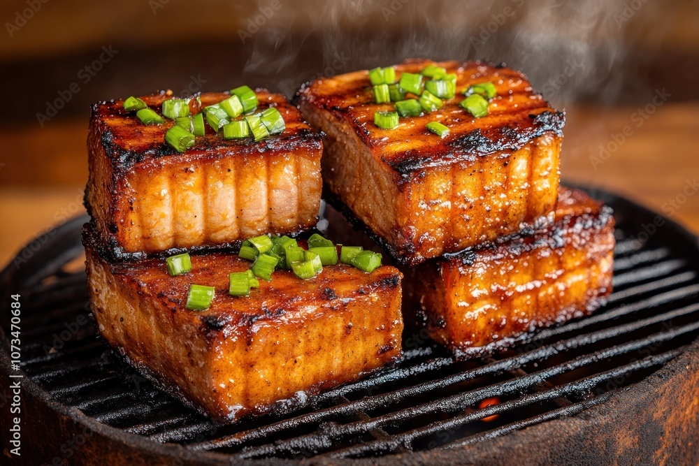 Grilled Tofu with Charred Crispy Edges on Coals, Smoky Flavor, Barbecue Charcoal Crispy, Delicious Vegan Recipe