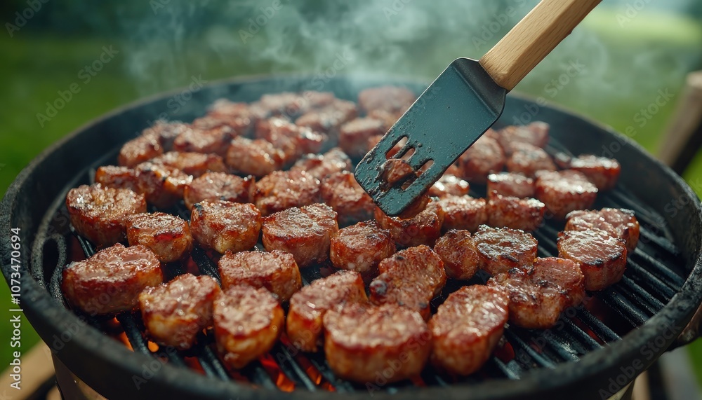 Grilling Sausage on a BBQ with a Spatula, Delicious and Easy Recipe This photo shows a chef expertly flipping juicy sausages on a hot grill with a spatula The aroma of sizzling meat fills the air as