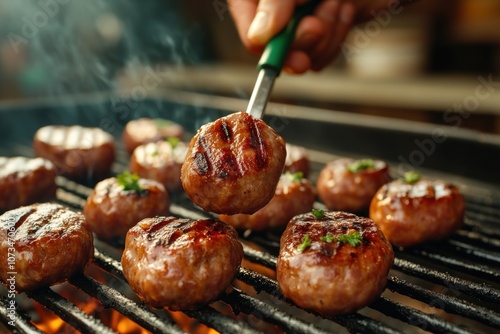 Obraz na płótnie Grilling Delicious Sausage on the BBQ, Expert Chef Tips for Perfectly Cooked Sausages with Smoky Flavor, Outdoor Cooking Techniques and Sausage Spatula Use w salonie