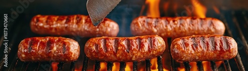 Obraz na płótnie Grilled Sausages on BBQ Grill, Spatula Flipping, Smoky Flavor, Delicious Grilling Food, BBQ Recipe, Summer Food, Outdoor Cooking, Sausage Spatula Cooking, Sausage Grill, Grilling Sausages, Hot Dogs w salonie