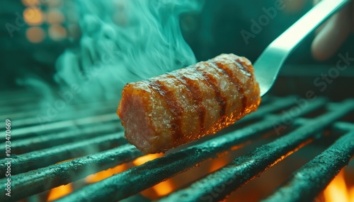 Grilling Sausage A Chef Flips a Juicy Sausage with a Spatula on a Hot BBQ Grill, Creating Delicious Smoke and Char Capture the Essence of Summer with This Grilling Action Shot