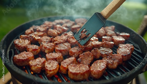 Obraz na płótnie Grilling Sausage on a BBQ with a Spatula, Delicious and Easy Recipe This photo shows a chef expertly flipping juicy sausages on a hot grill with a spatula The aroma of sizzling meat fills the air as w salonie