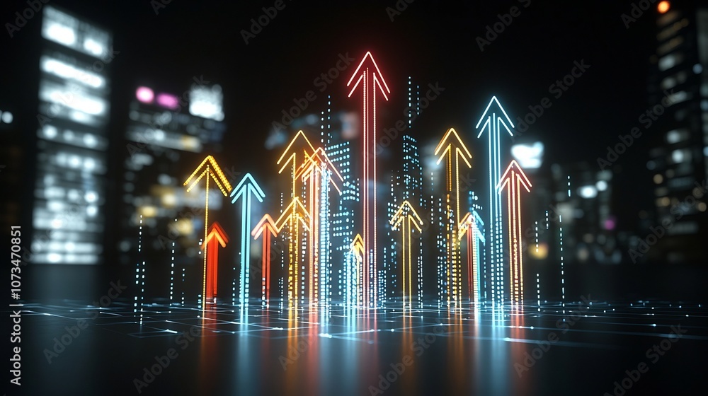 Fototapeta premium Glowing vibrant arrows made of colorful light beams pointing skywards exuding a fast and streamlined look on a dark abstract background Dynamic futuristic digital evoking energy