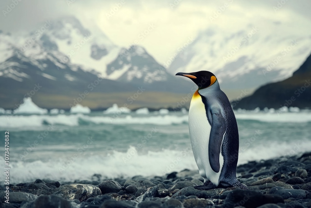 Fototapeta premium A majestic penguin stands on rocky shores with waves crashing nearby. Its colorful features are highlighted against the backdrop of snowy mountains. Generative AI