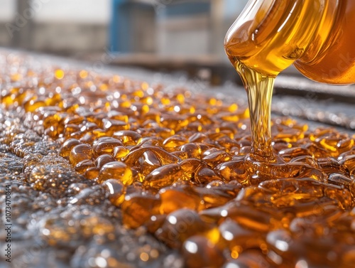 Obraz na płótnie Honey Pouring Over Comb, Pure Golden Raw Honey Texture, Smooth and Viscous, Harvest Freshness, Honeycomb, Bee, Nectar, Sweet, Delicious, Golden, Drizzle, Flow, Liquid Gold w salonie