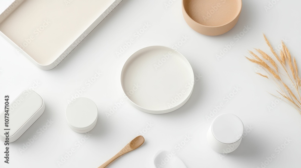 A white tray with a white bowl and spoon on it A white tray with a white bowl and spoon on it