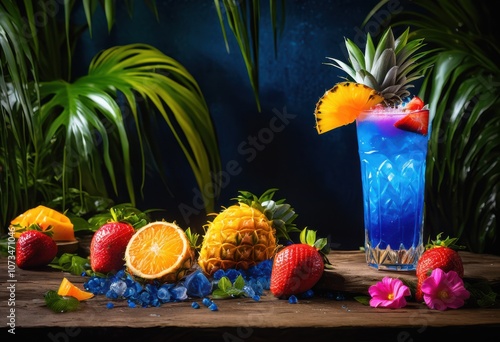 vibrant iced drink bright colors refreshing summer setting surrounded lush greenery sunlight, beverage, juice, mocktail, lemonade, colorful, fruit, cool photo