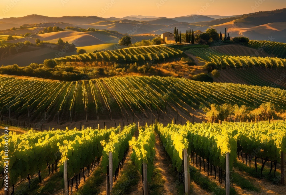 Fototapeta premium stunning vibrant vineyard landscapes captured during golden hour light showcasing rich colors lush vines under warm glowing sky, sunset, dusk, nature, harvest